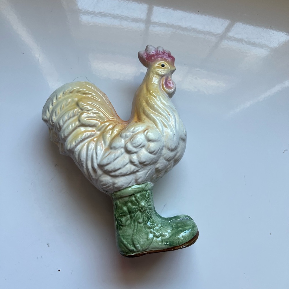 Cast Iron Rooster Figurine with Green Flowered‎ Rain Boot